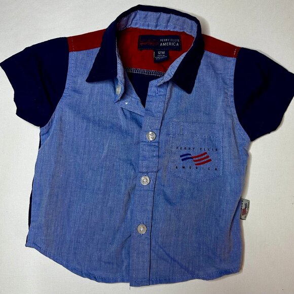 Perry Ellis America 12M Infant Toddler Shirt Colorblock Logo Button-Front- KC022 - Picture 3 of 4